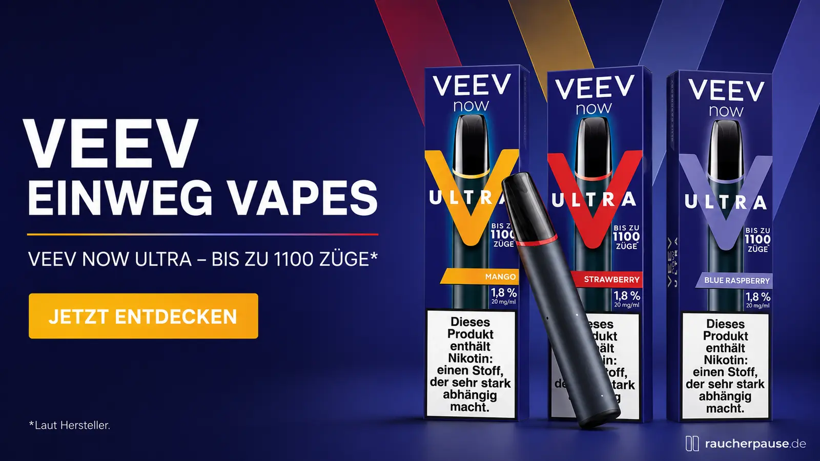 VEEV NOW ULTRA Einweg Vapes in Mango, Strawberry und Blue Raspberry mit bis zu 1100 Zügen