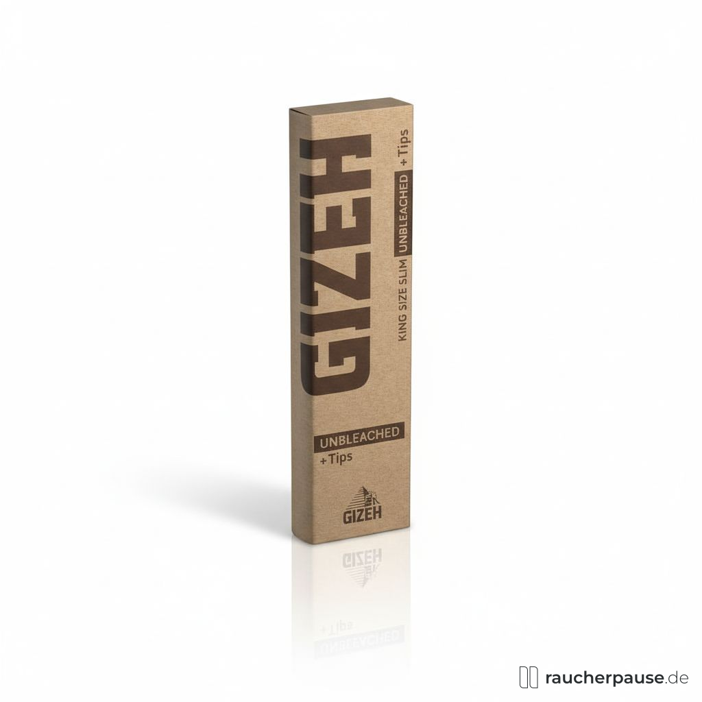 GIZEH Unbleached Papers in einer schlichten, braunen Box mit dunklem Logo, enthaltend unbleichende Zigarettenpapierstreifen und Zigarettenkippen.