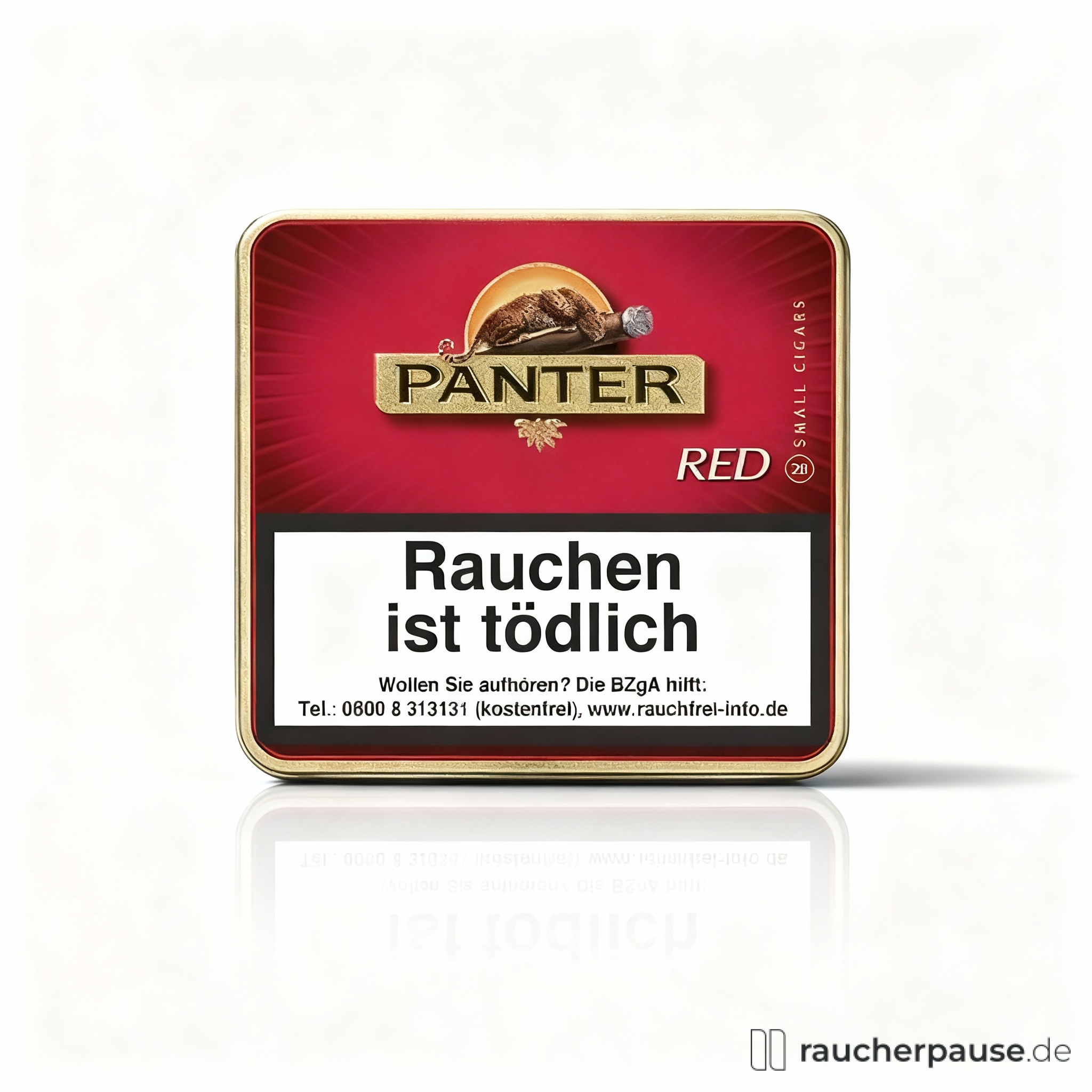 Panter Red Zigarillos in praktischer Metalldose mit rotem Hintergrund und goldenem Rand, goldene Schrift auf rotem Logo.