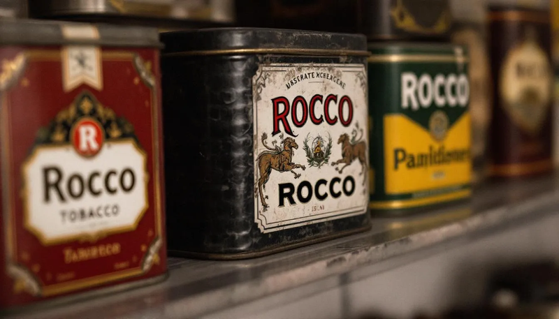 Oldschool Rocco Tabak Dosen in einem Schrank