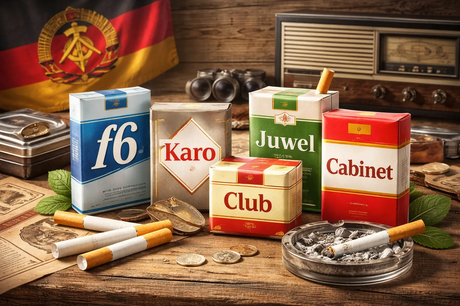 Verschiedene DDR Zigaretten aufgestellt auf einen alten Holztisch mit einem Hintergrund voller Raucherartikel.