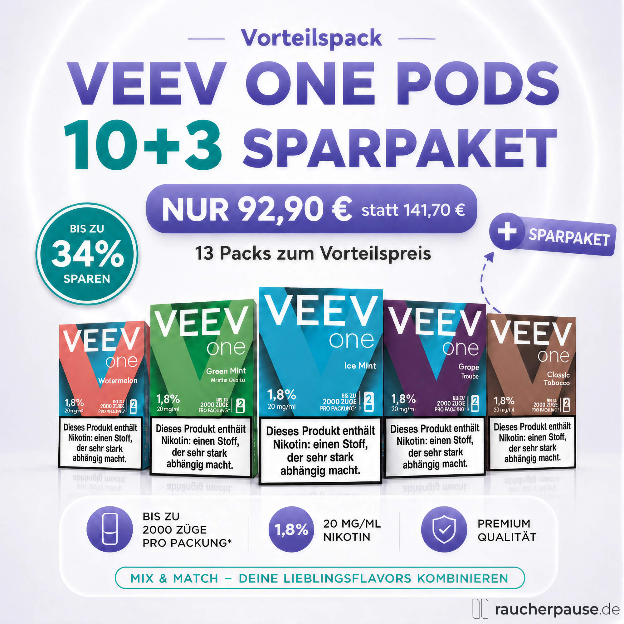 Banner für eine 10+3 Sparpaket Veev One Pods bei der bis zu 34% gespart werden kann
