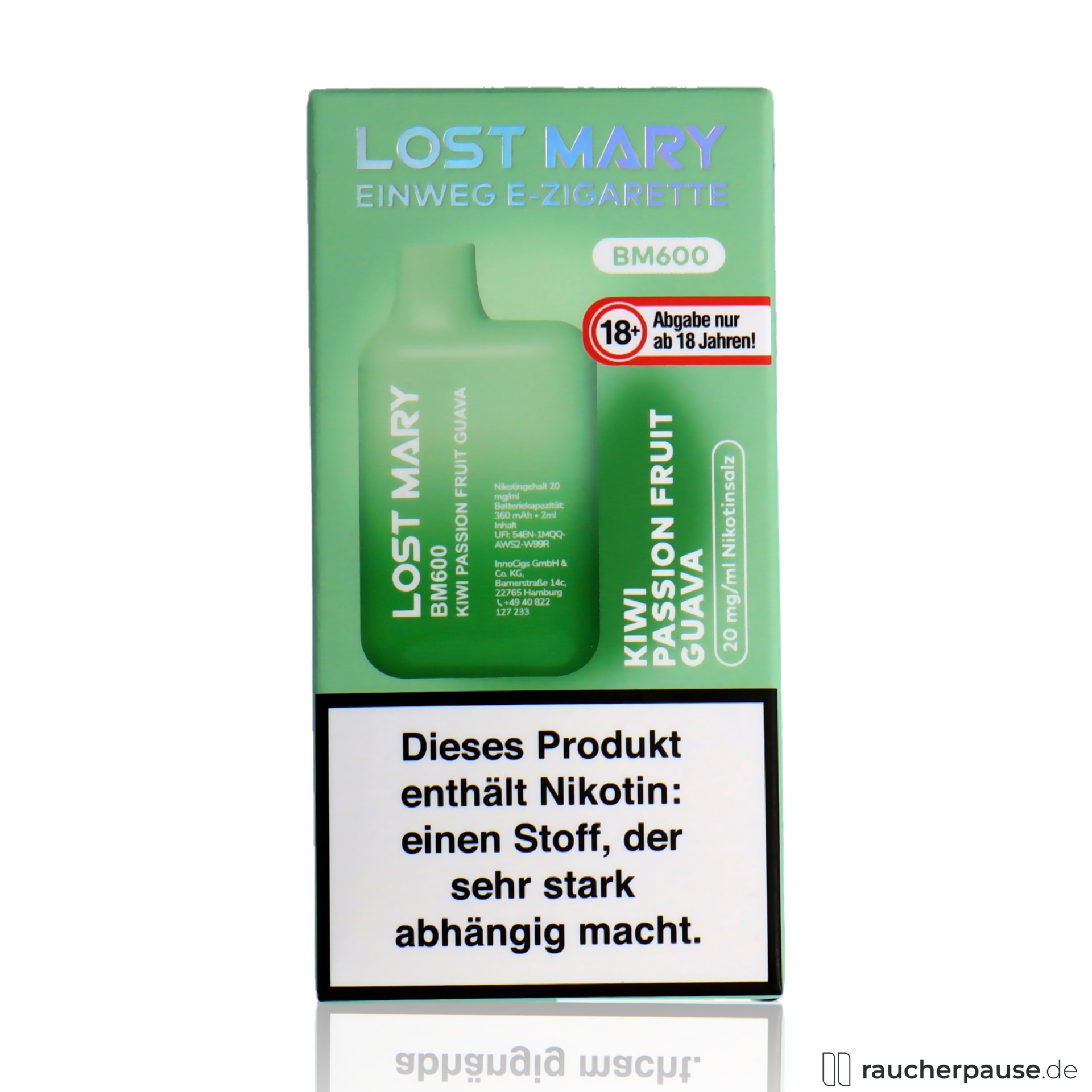 Lost Mary BM600 Einweg E-Zigarette | Kiwi Passion Fruit Guava | 20 mg/ml Nikotin | 600 Züge lost mary, lost mary einweg e zigarette kiwi passion fruit guava ml nikotin zuege, packshot hinterseite