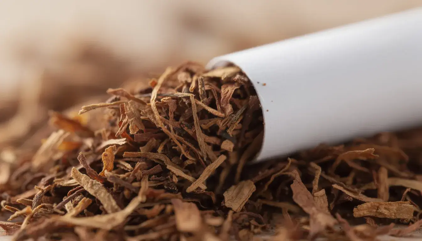 Die Nahaufnahme zeigt losem Tabak, der sorgfältig in eine Filterhülse gestopft wird.