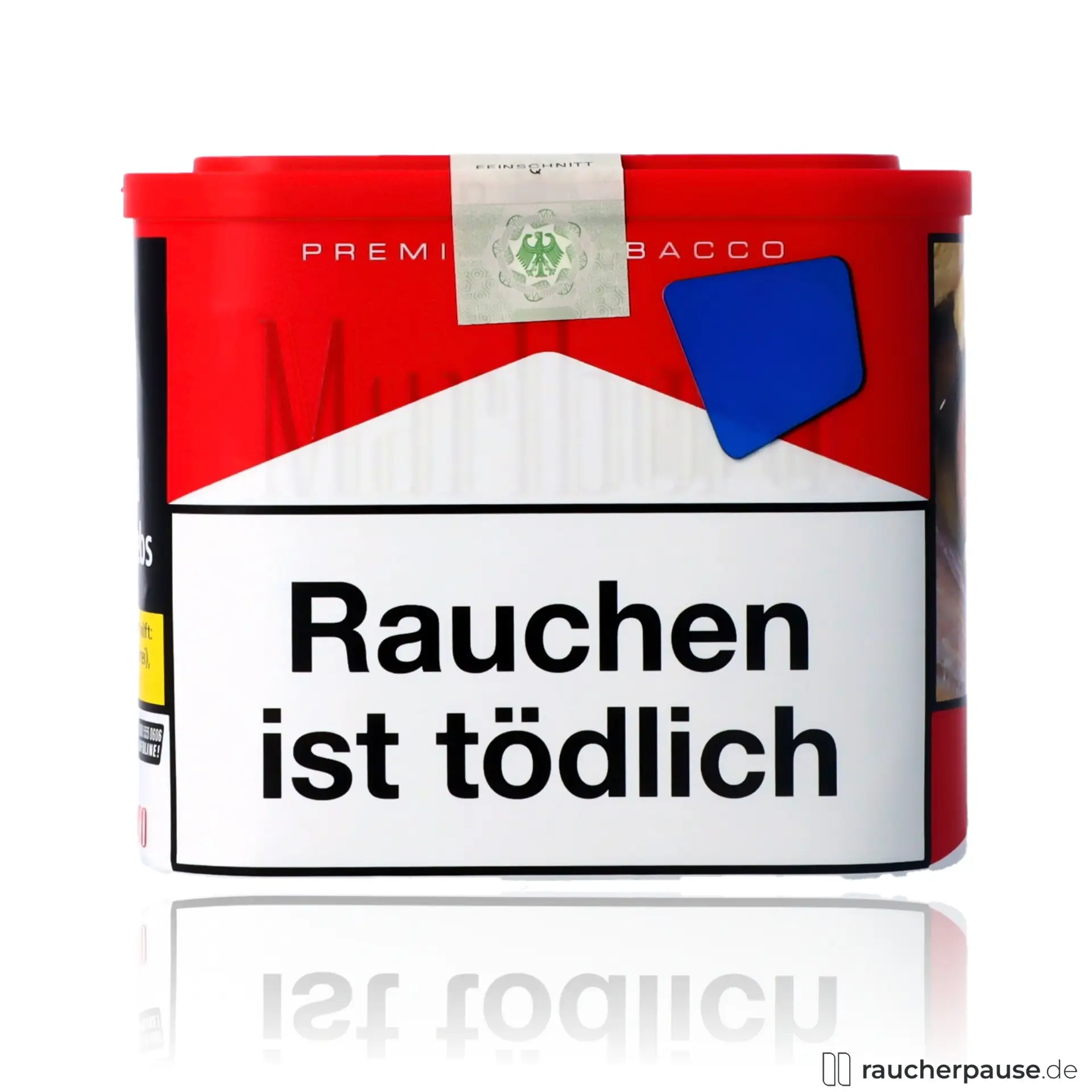 Marlboro Red Feinschnitt in quadratischer, roter Dose mit weißer Etikette und stilisiertem Logo, American Blend, würzig und stark.