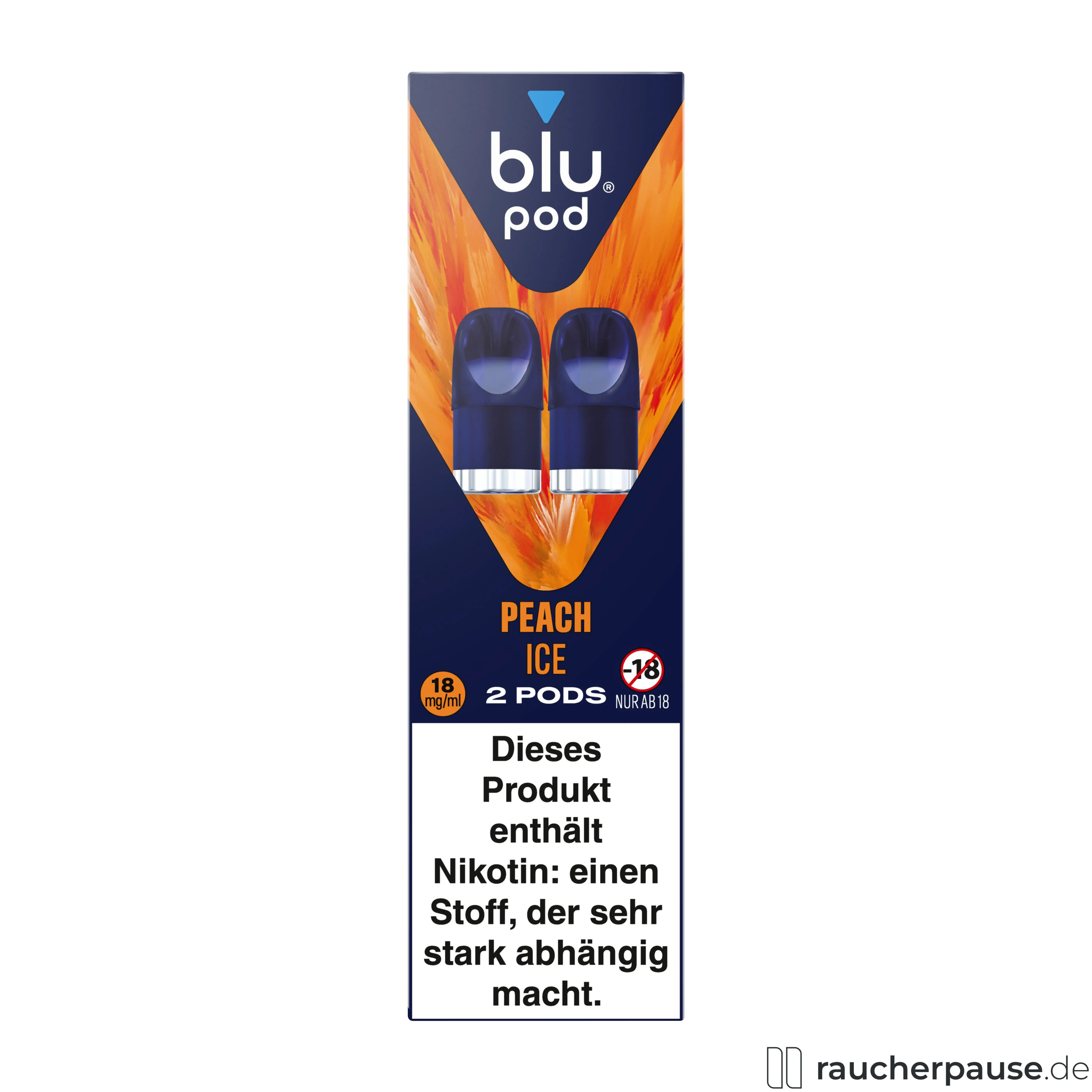 Blu Pod Peach Ice 18mg/ml Nikotin in hochwertiger blau-oranger Verpackung mit modernem, minimalistischem Logo in blauem Dreieck.