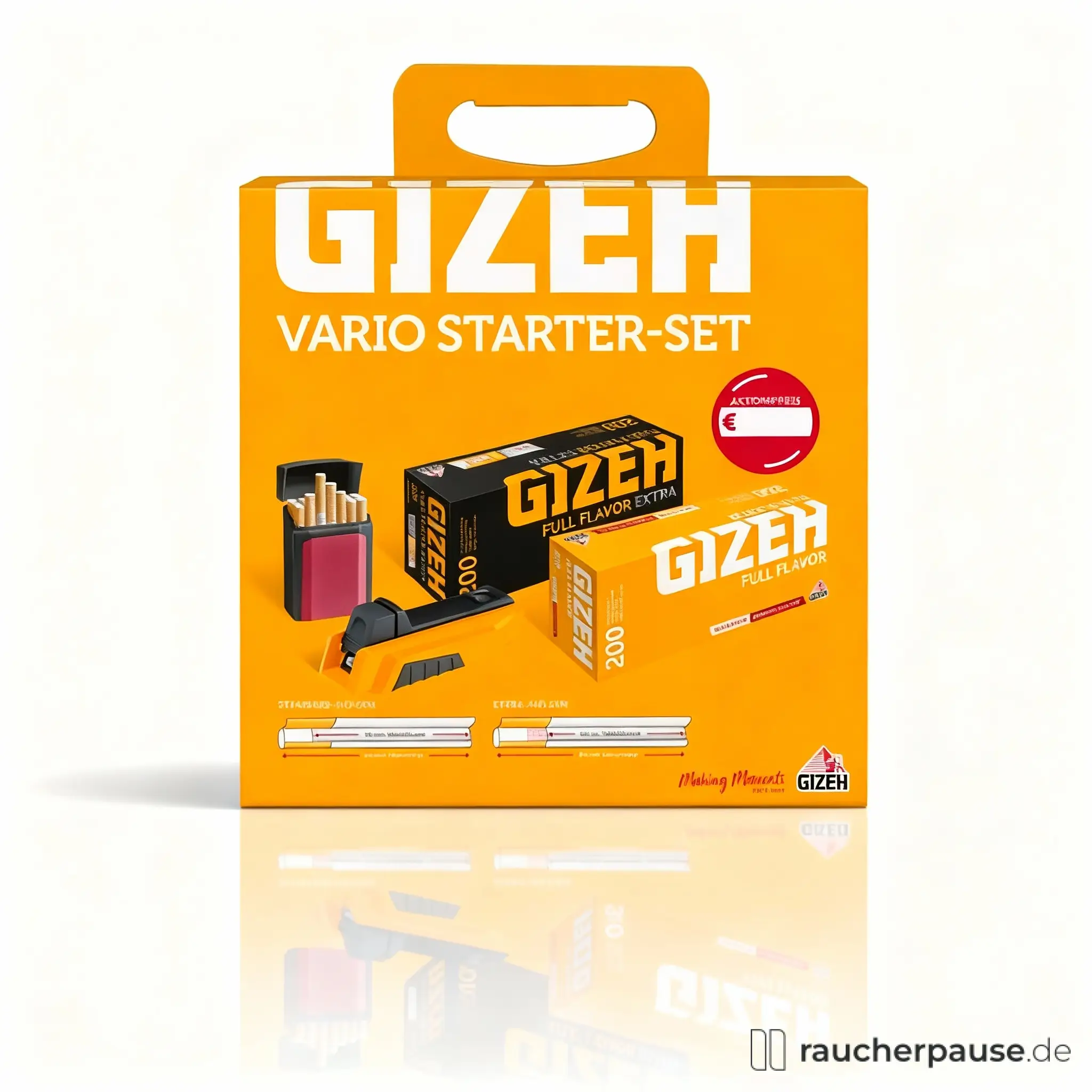 Gizeh Vario Starterset in orange Verpackung mit weißem Logo und Illustrationen von Zigaretten und Zigarettenpapier.