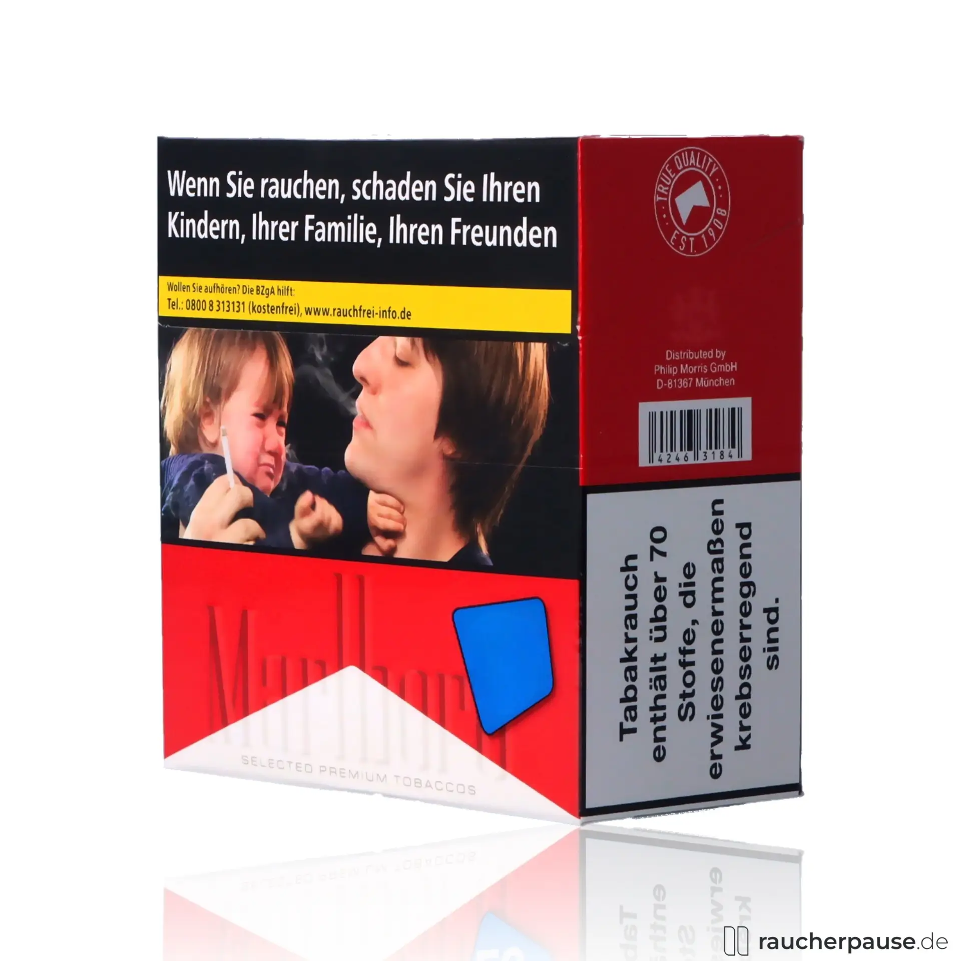 Marlboro Red 7XL Zigaretten in roter und schwarzer Dose mit silbern-weißem Logo und stilisiertem Zigarettenstummel.