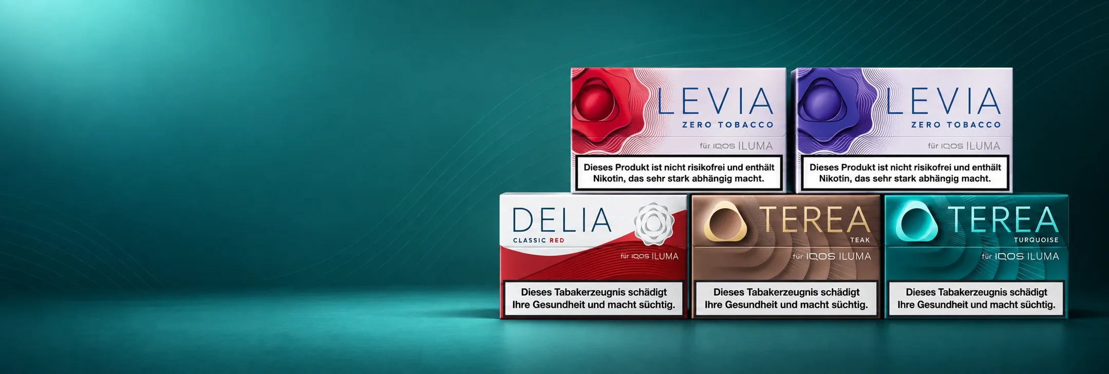 Packungen von LEVIA, DELIA und TEREA mit sichtbaren Warnhinweisen.