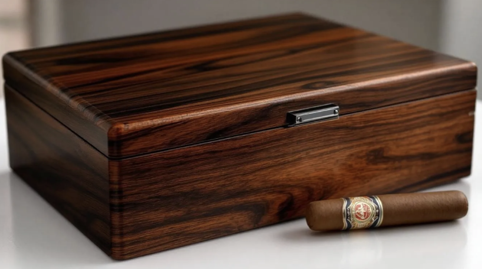 Zigarrillo Holzdose mit Zigarre davor
