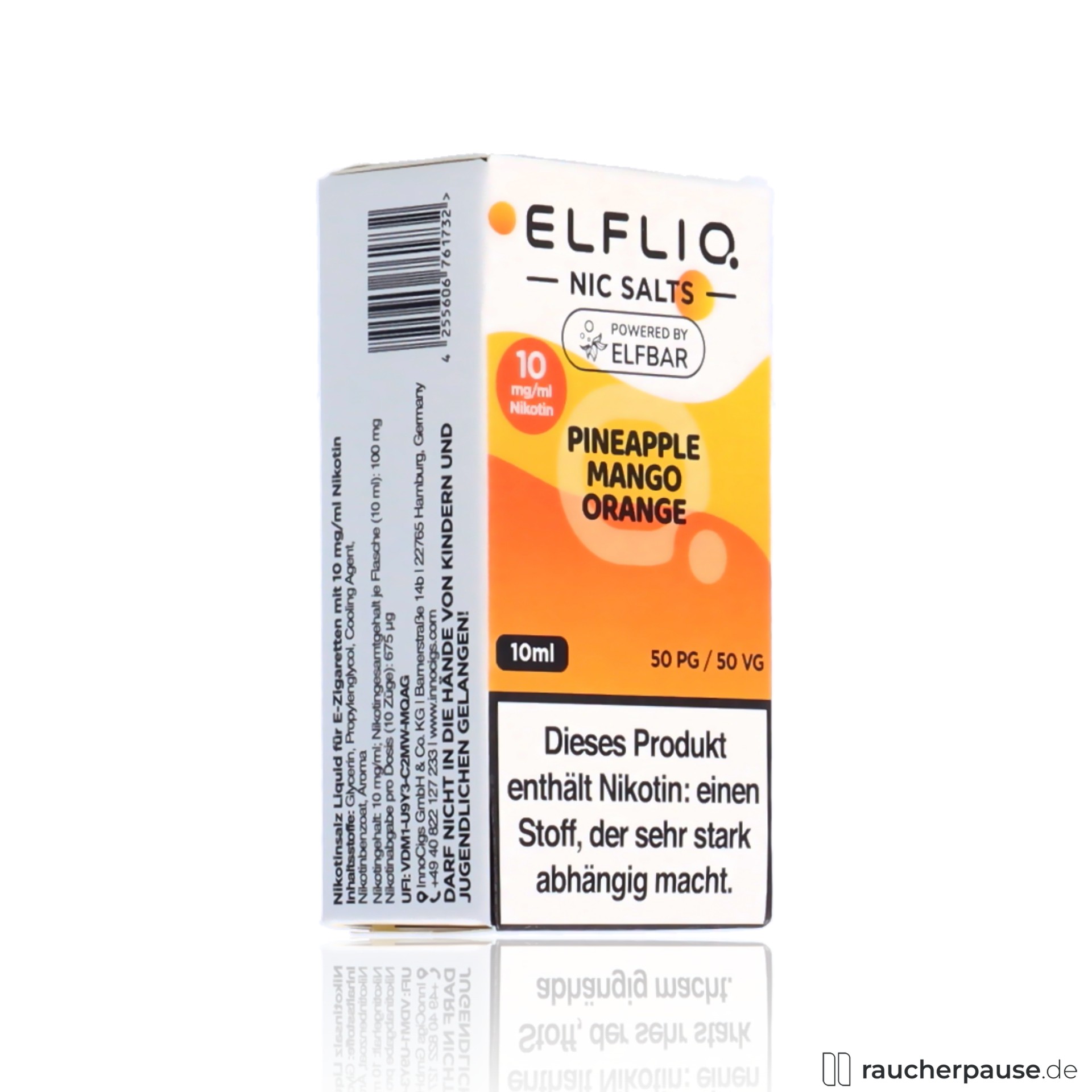ELFBAR ELFLIQ Pineapple Mango Orange 10mg Nikotinsalz 10ml Liquid in orangefarben-weißer Dose mit gelben und orangen Akzenten und schwarzem Logo auf weißem Hintergrund.