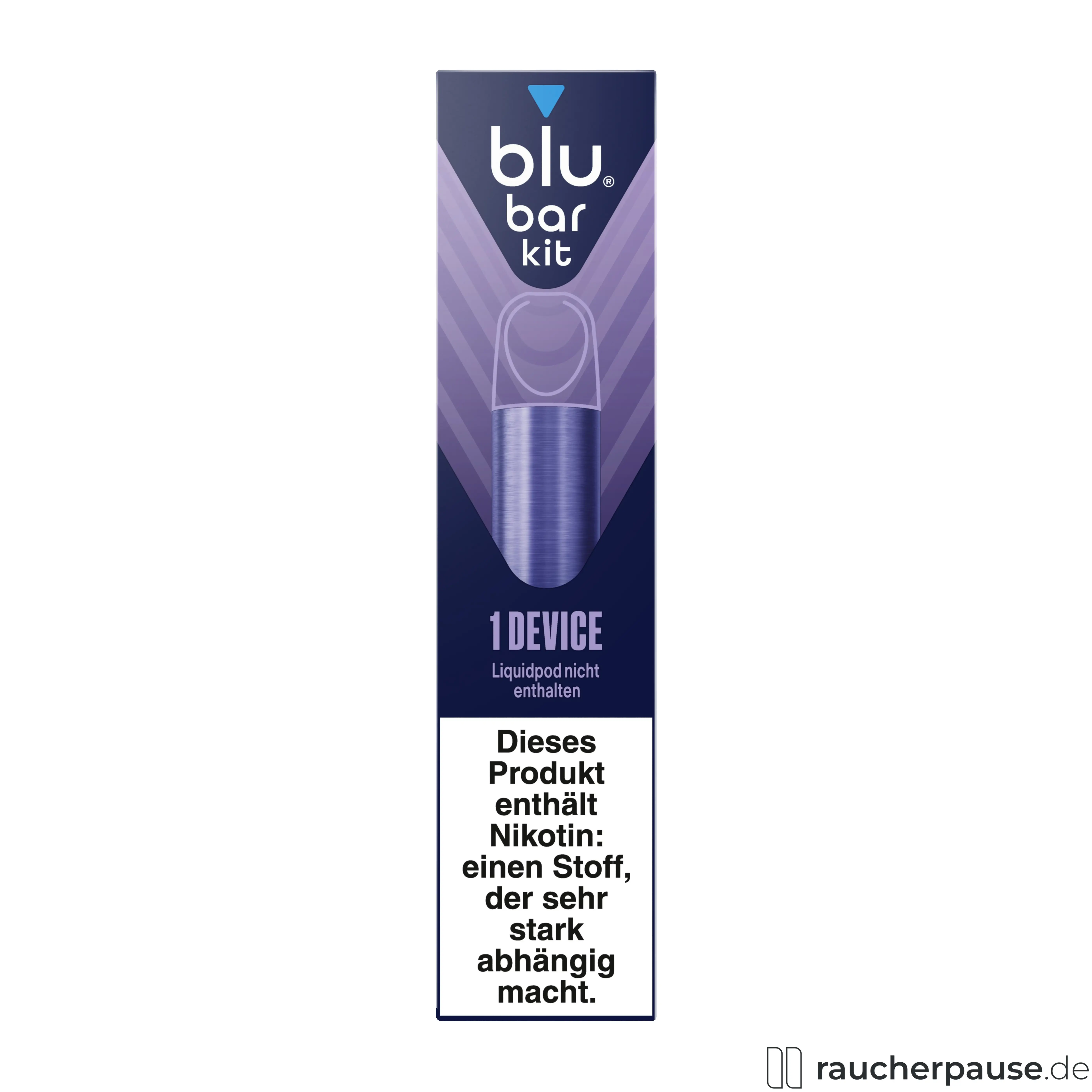 Das Blu Bar Kit Device E-Zigarette in einer stilvollen, langen und schmalen Verpackung mit dominanten Blau- und Lila-Tönen und modernem Logo-Stil.