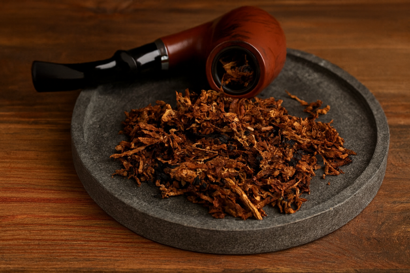 Loser Pfeifentabak auf einer Granitschale mit Pfeife aus Holz