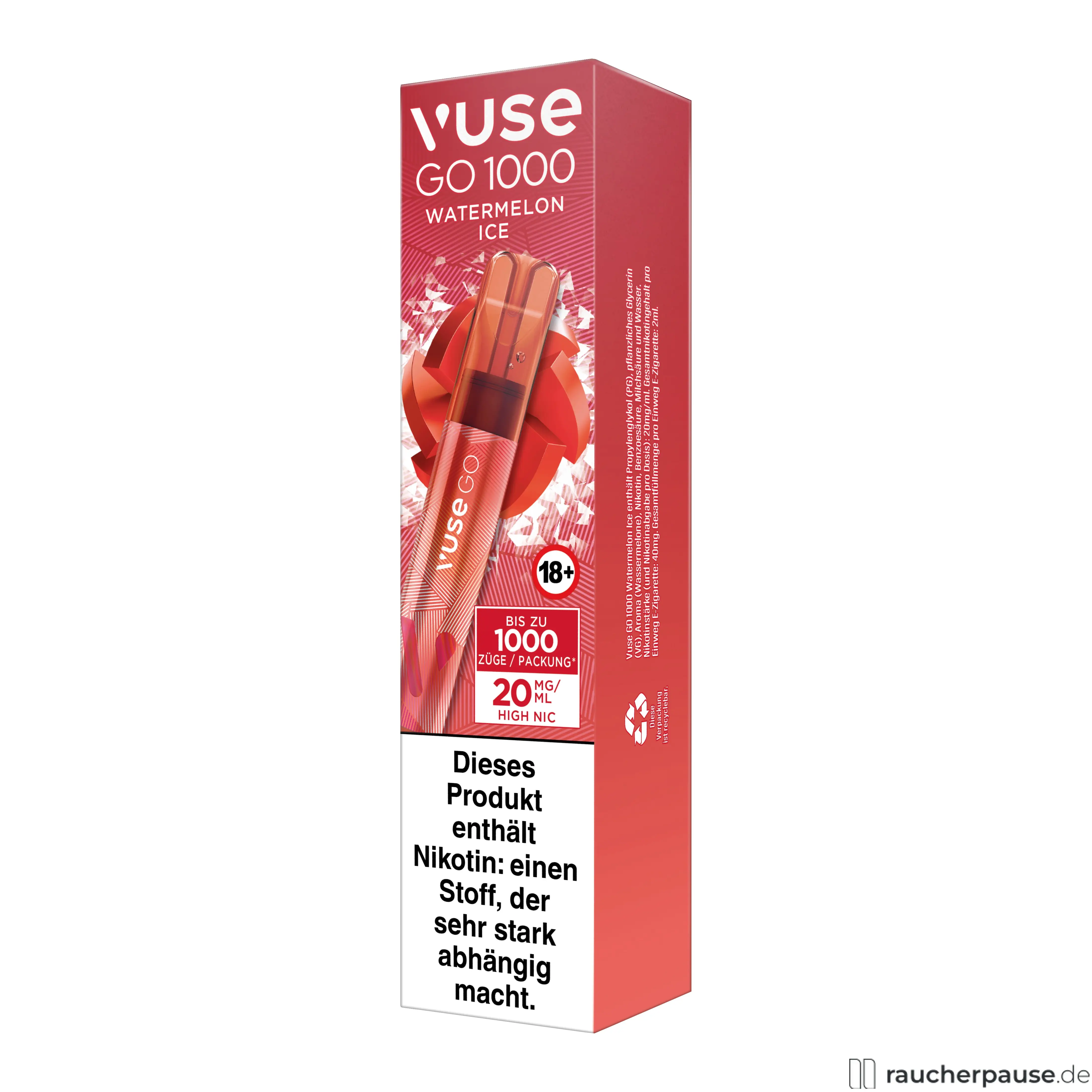 Vuse GO 1000 E-Shisha Watermelon Ice 20mg Nikotin in moderner, metallisch glänzender Verpackung mit rotem Logo und minimalistischem Design.