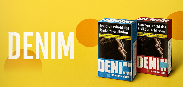 Denim Zigaretten rot und blau mit gelbem Hintergrund