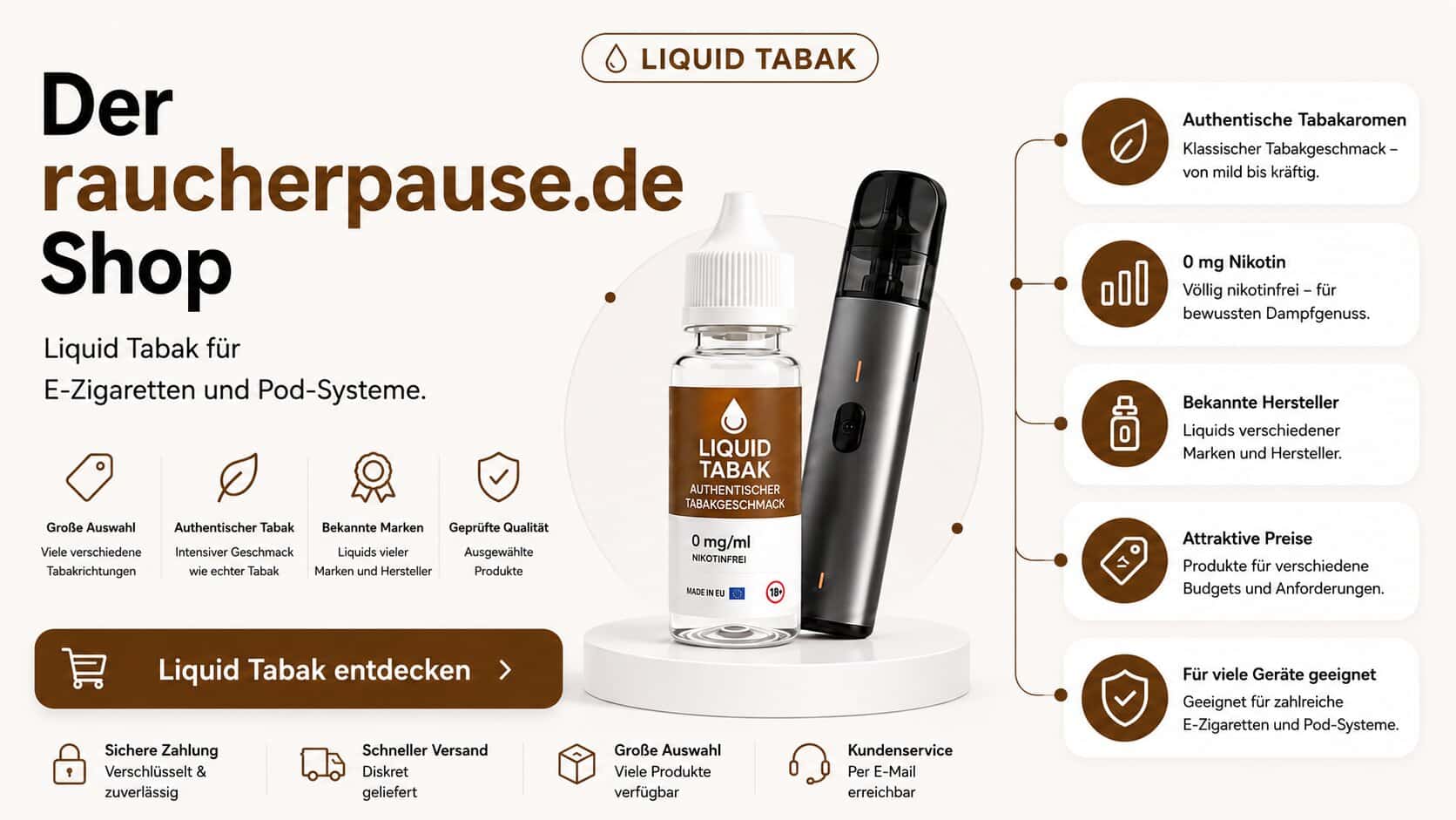 Liquid Tabak für E-Zigaretten und Pod-Systeme bei raucherpause.de mit verschiedenen Tabakaromen, nikotinfreien Varianten und kompatiblen Geräten.