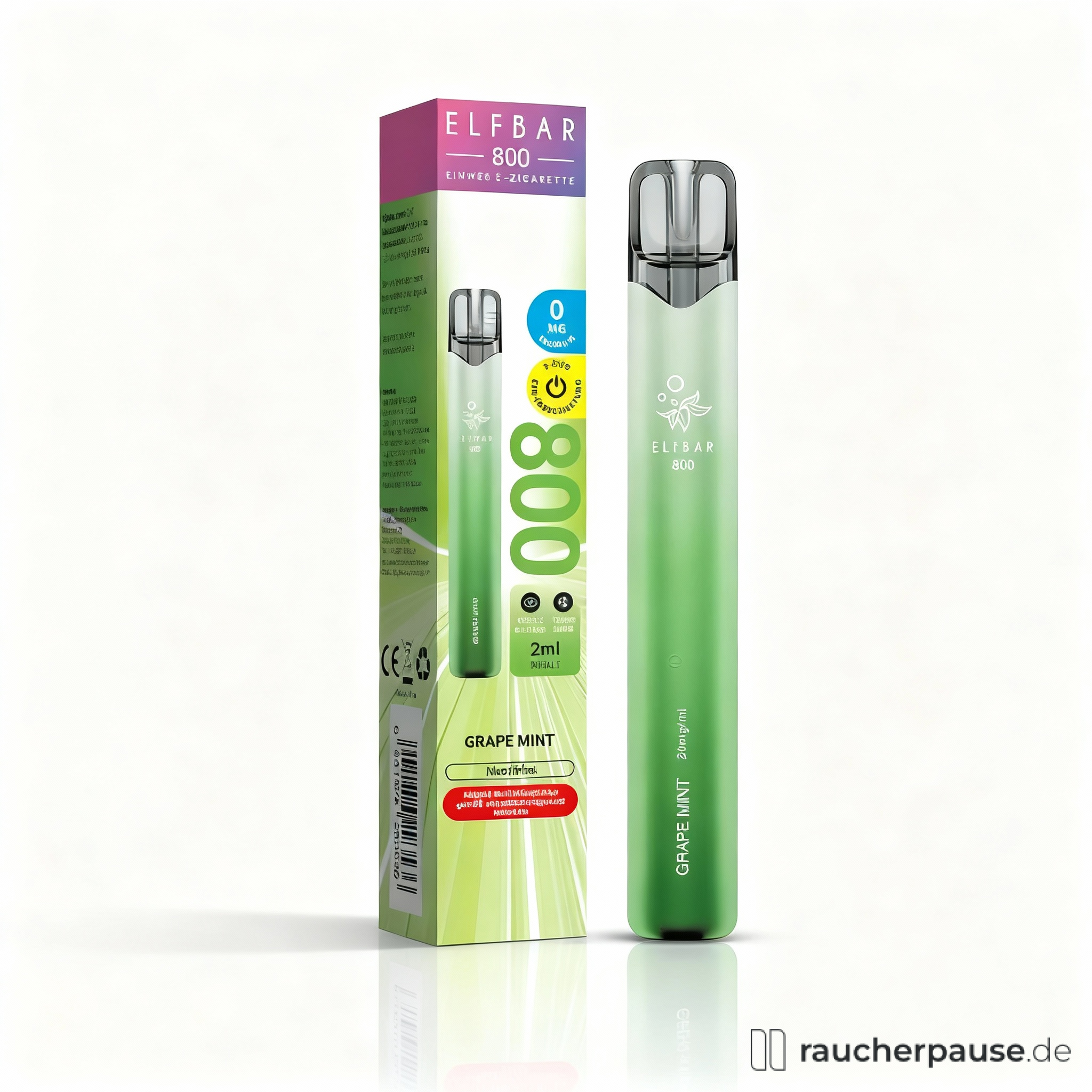 ELFBAR 800 Grape Mint Einweg-Vape in grüner Verpackung mit transparentem Deckel und weißem Logo in minimalistischem Stil.