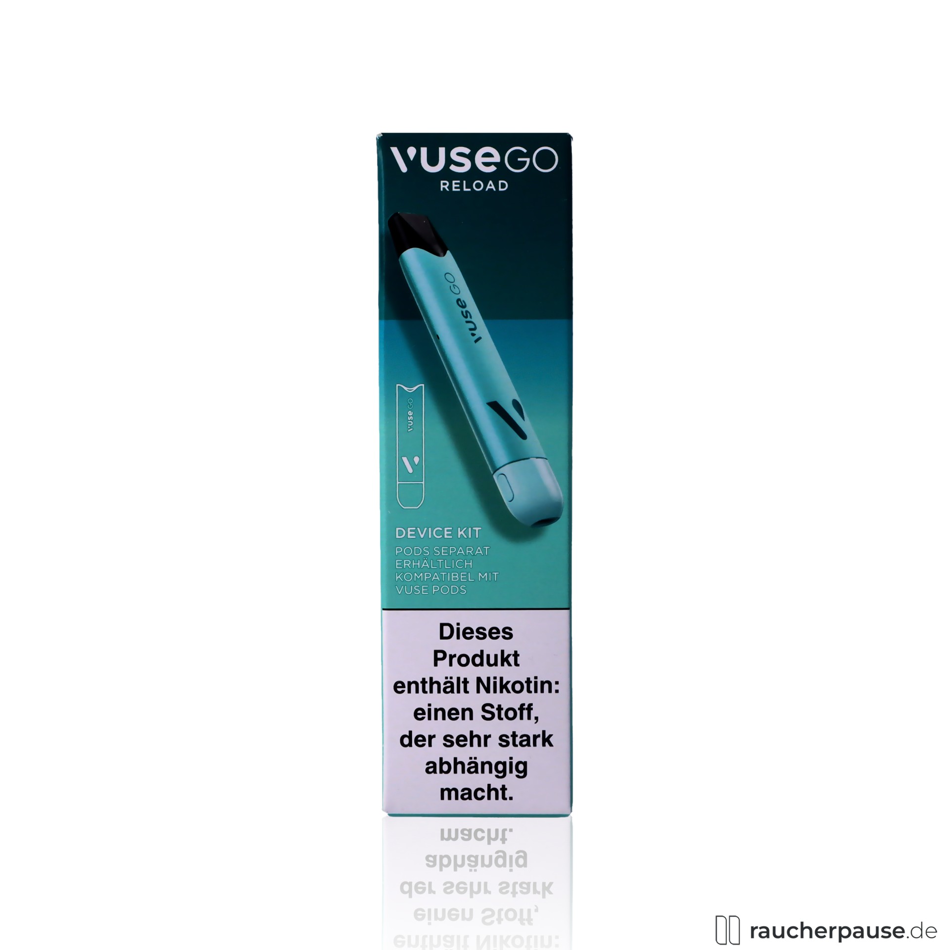 Vuse Go Reload Pen Aqua E-Zigarette | Wiederaufladbar | USB-C Anschluss | Kompatibel mit Vuse Pods vuse, vuse go reload pen aqua e zigarette wiederaufladbar usb c kompatibel mit vuse pods tuerkis , packshot hinterseite