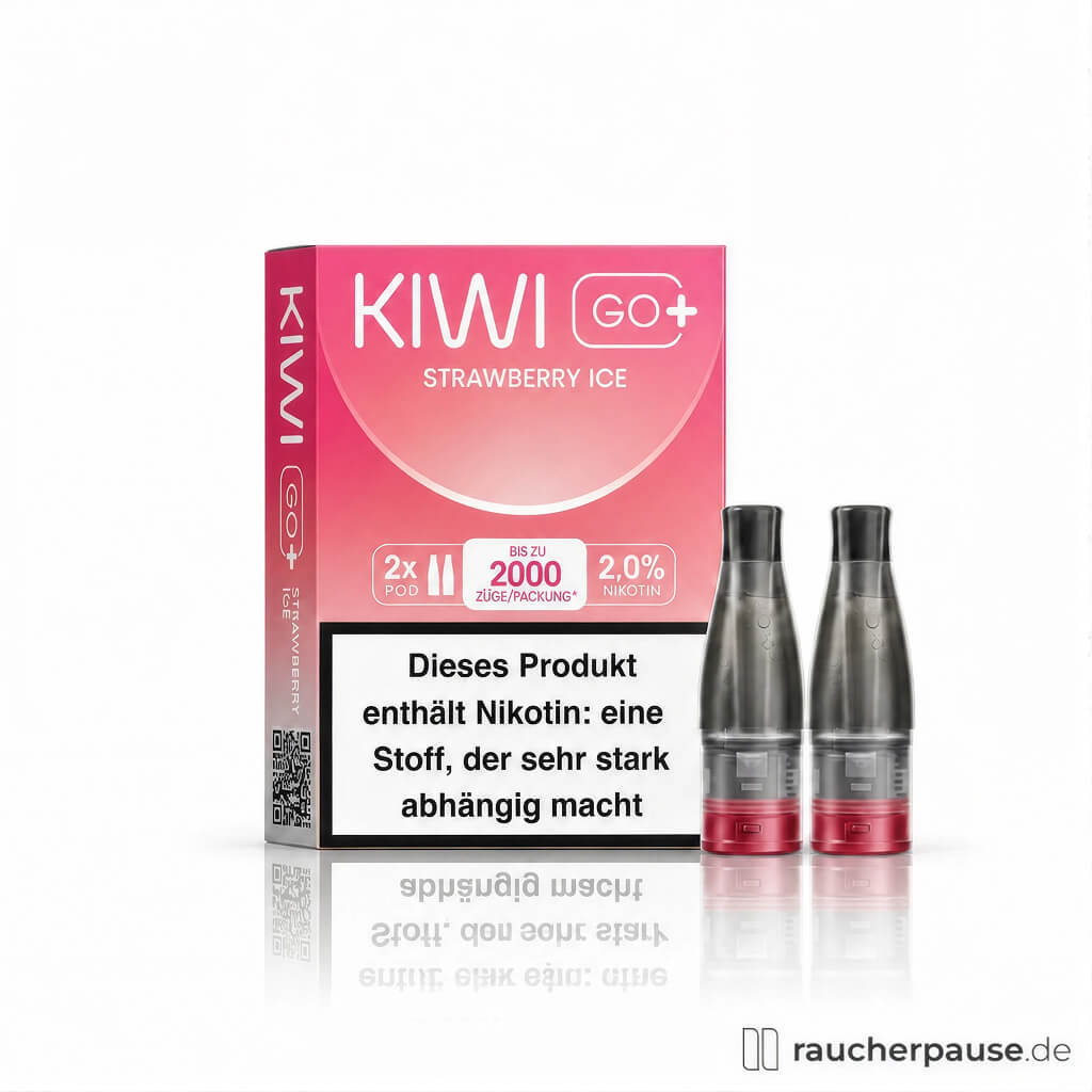 KIWI GO+ Strawberry Ice Prefilled Pods in leuchtend roter Box mit transparentem Zentrum und zwei grau-roten Pods daneben.