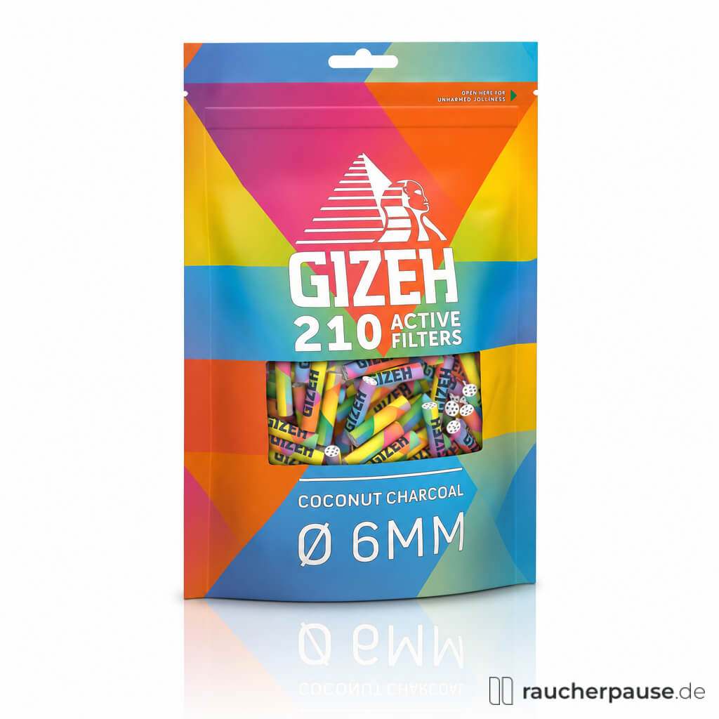 Gizeh Active Filter Rainbow 6 mm in farbenfroher Verpackung mit transparentem Fenster, stilisiertem Pyramiden-Logo und bunten Filtern in Blau, Orange, Gelb und Pink.