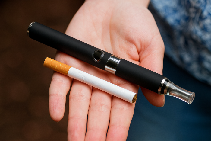 Hand hält E-Zigarette und normale Tabak Zigarette 