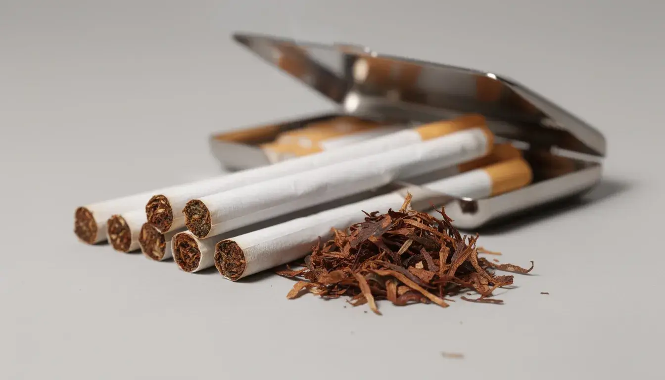 Die Nahaufnahme zeigt fertig gestopfte Zigaretten, die ordentlich neben losem Tabak und einem Zigarettenetui angeordnet sind. Diese Anordnung verdeutlicht das Selbststopfen von Zigaretten und die Verwendung von Zigarettenstopfgeräten.