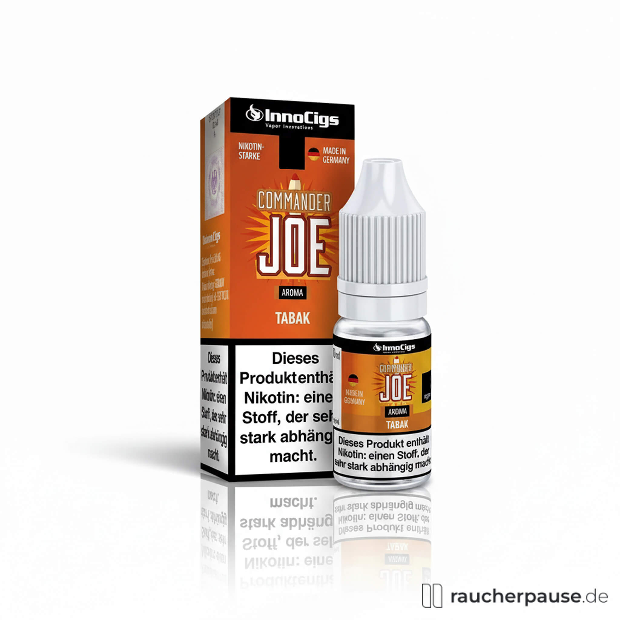 InnoCigs Commander Joe Tabak Liquid für E-Zigarette in orangefarbener Box mit weißem Flascheninhalt und Innocigs-Logo.