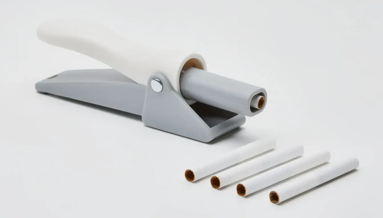 Das Bild zeigt ein manuelles Stopfgerät aus Kunststoff, das neben mehreren Filterhülsen platziert ist.