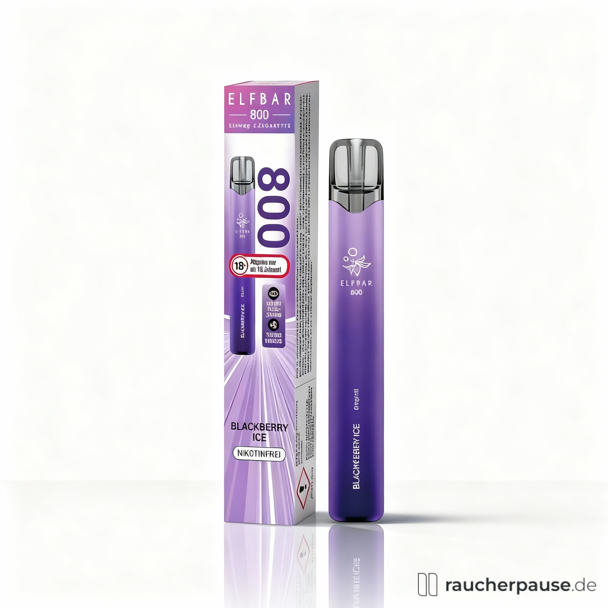 Einweg-E-Zigarette Elfbar 800 in lila und weißer Verpackung mit schmalem, langgestrecktem Design, Blackberry Ice Geschmack und 0mg Nikotin.