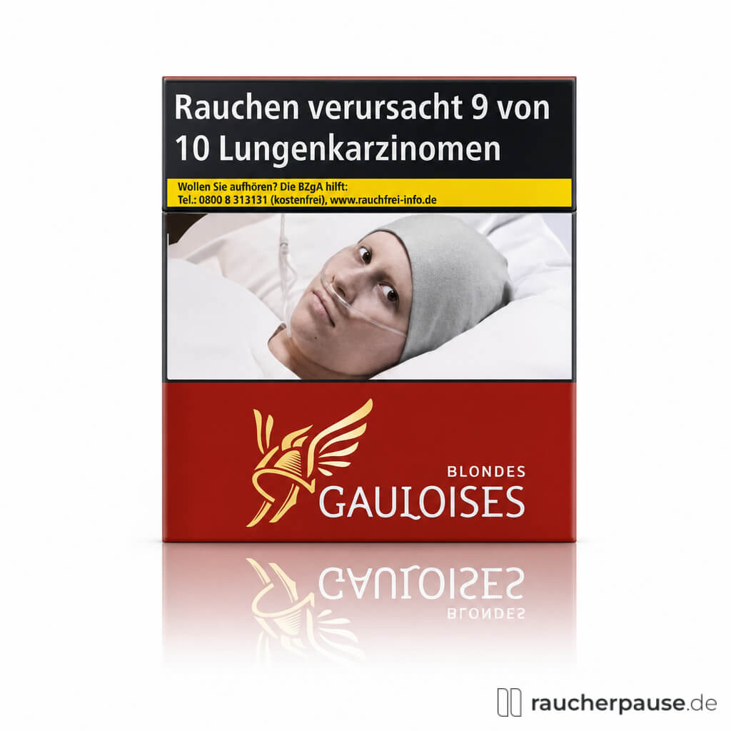 Gauloises Blondes Rot Zigaretten, 28 Stk. pro Packung, in quadratischer Dose mit gelbem Logo und stilisierten Flügeln und Blatt auf rotem Hintergrund.