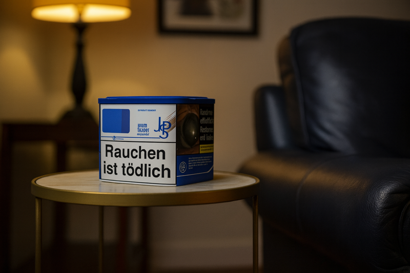 John Player Special Tabak Dose blau auf einem Beistelltisch neben einem Sessel
