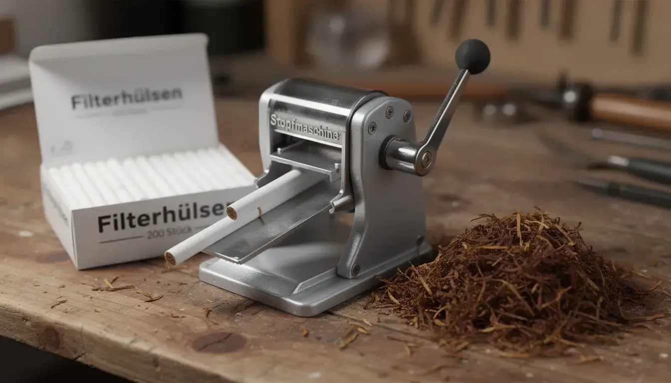Ein Stopfgerät für Tabak steht auf einem Holztisch neben Tabak und Filterhülsen.