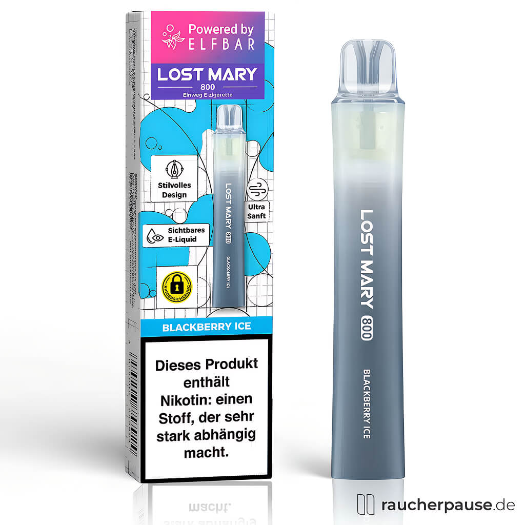 Lost Mary 800 Einweg E-Zigarette in schwarzer Farbe mit stilvoller blau-pink Verpackung und Blackberry Ice-Aufschrift, 20 mg/ml Nikotin.