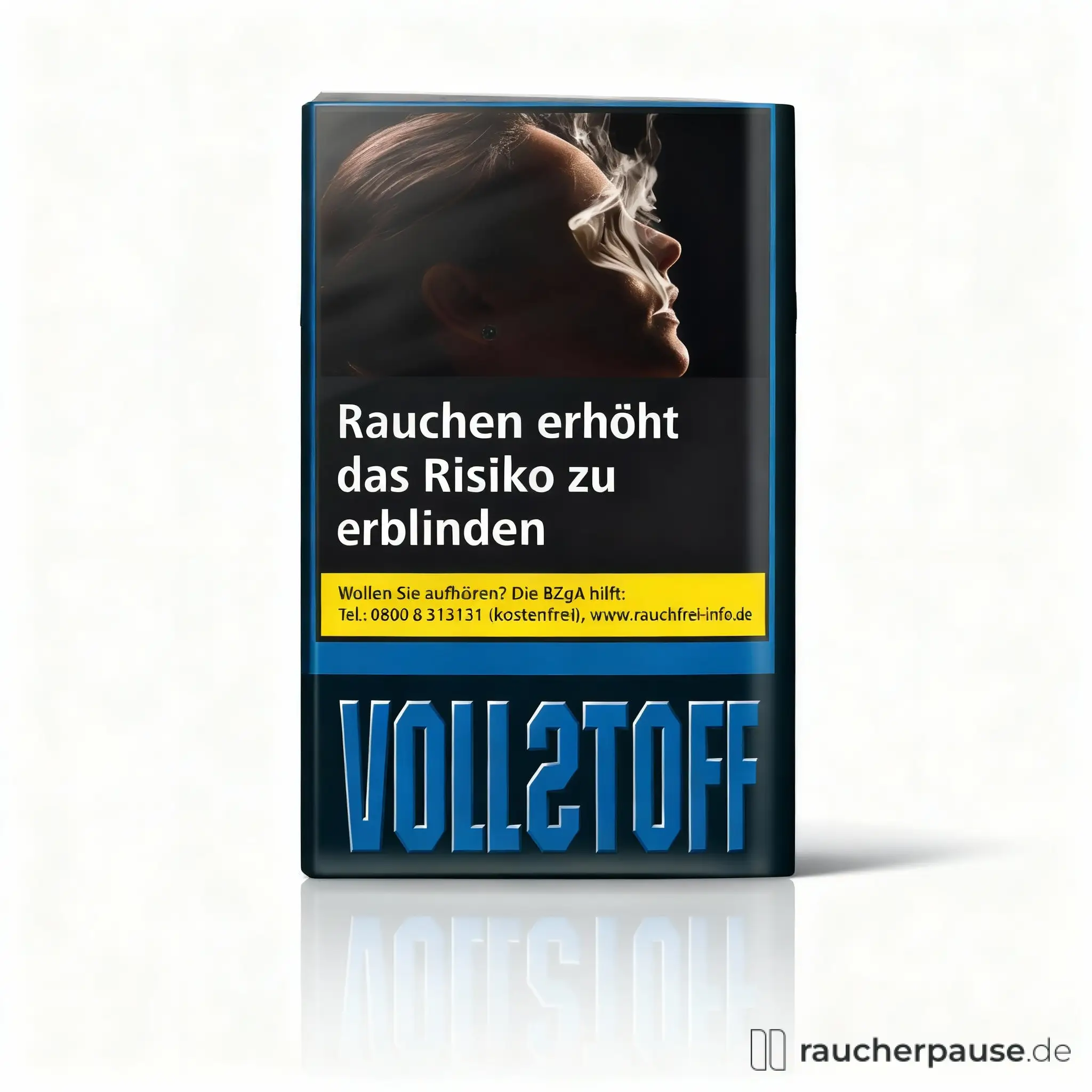 Vollstoff Feinschnitttabak Zware Shag 30g Pouch Päckchen mit blauem Hintergrund, gelbem Streifen und weißem Text auf schwarzen Hintergrund.