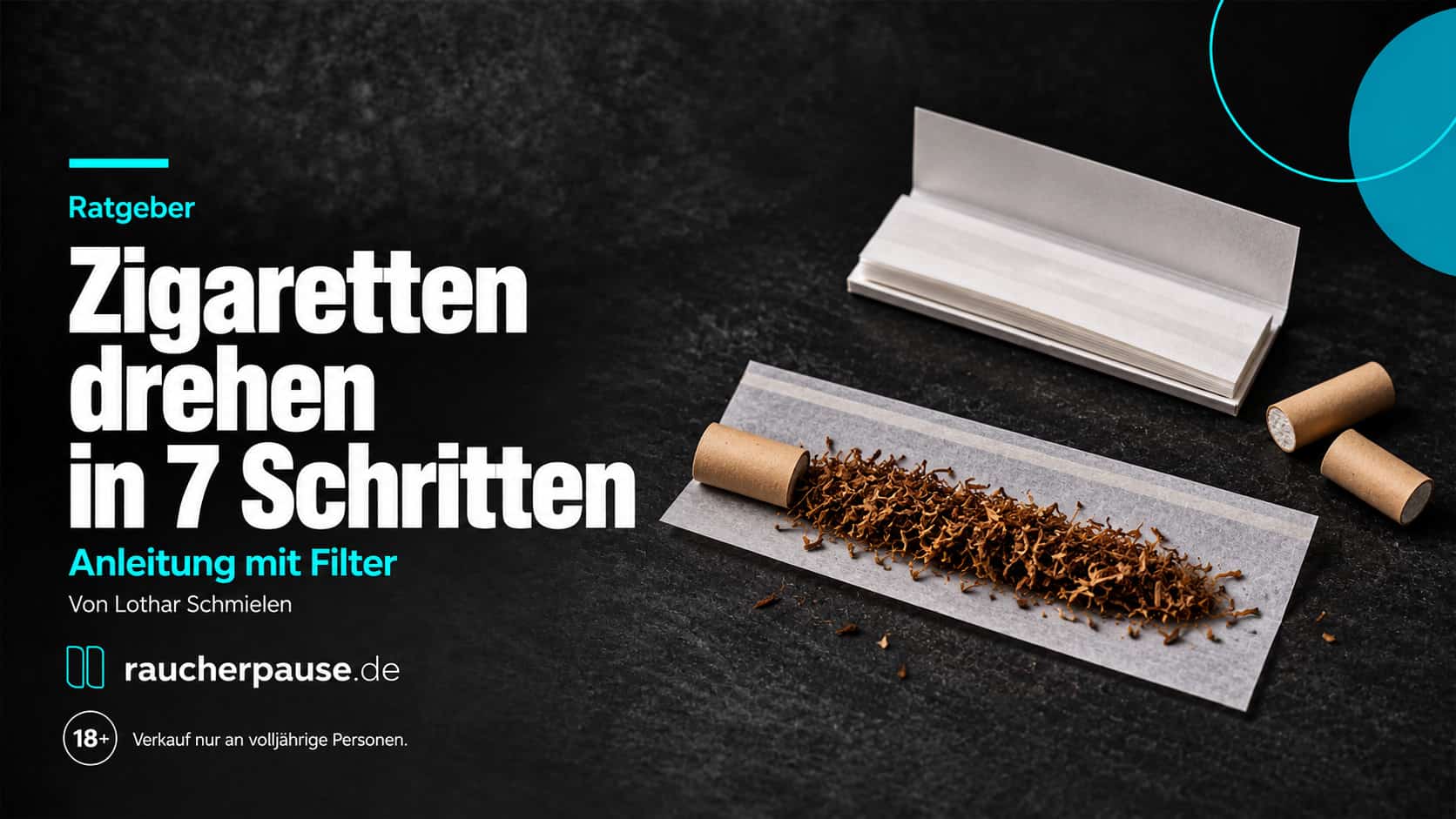 Zigarettenblättchen mit losem Drehtabak und Filter neben einem geöffneten Blättchenheft auf dunklem Untergrund.