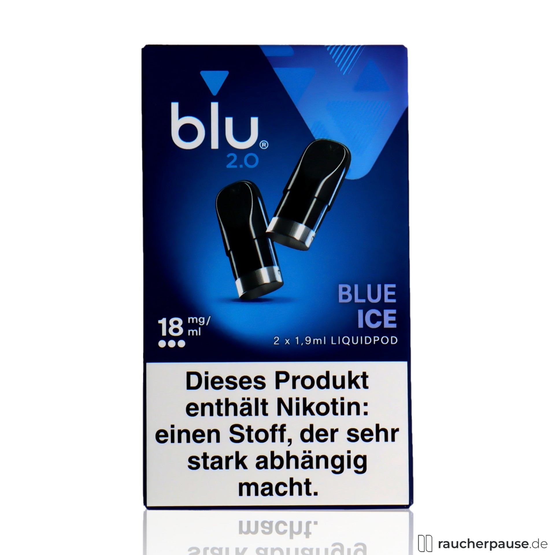 BLU 2.0 Blue Ice Liquid Pod | 18mg/ml Nikotin | 2 Stück | Blaubeere & Menthol blu, blu blue ice liquid pod ml nikotin stueck blaubeere menthol , packshot hinterseite