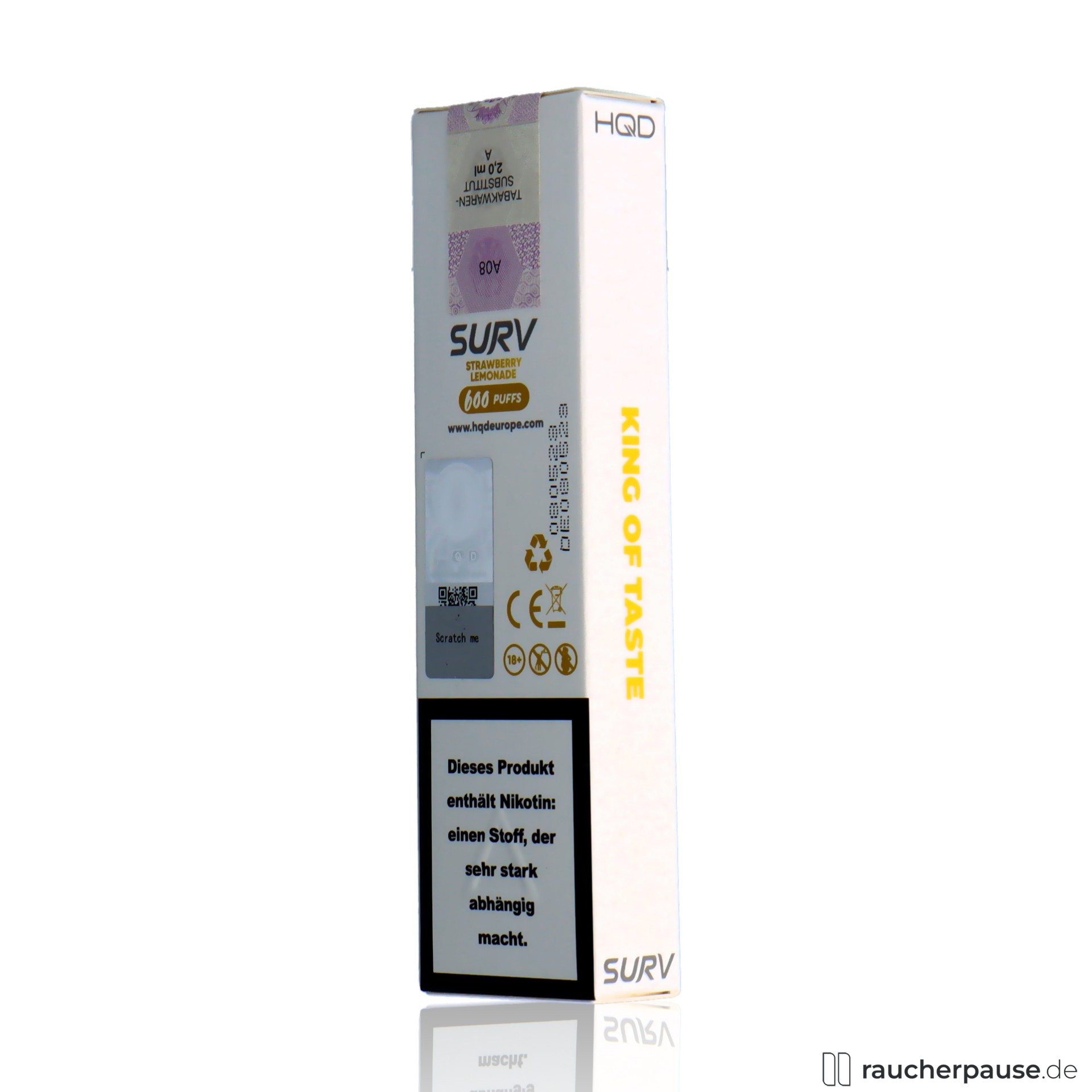 hqd, hqd surv einweg e shisha strawberry lemonade ml nikotin zuege , packshot seitlich