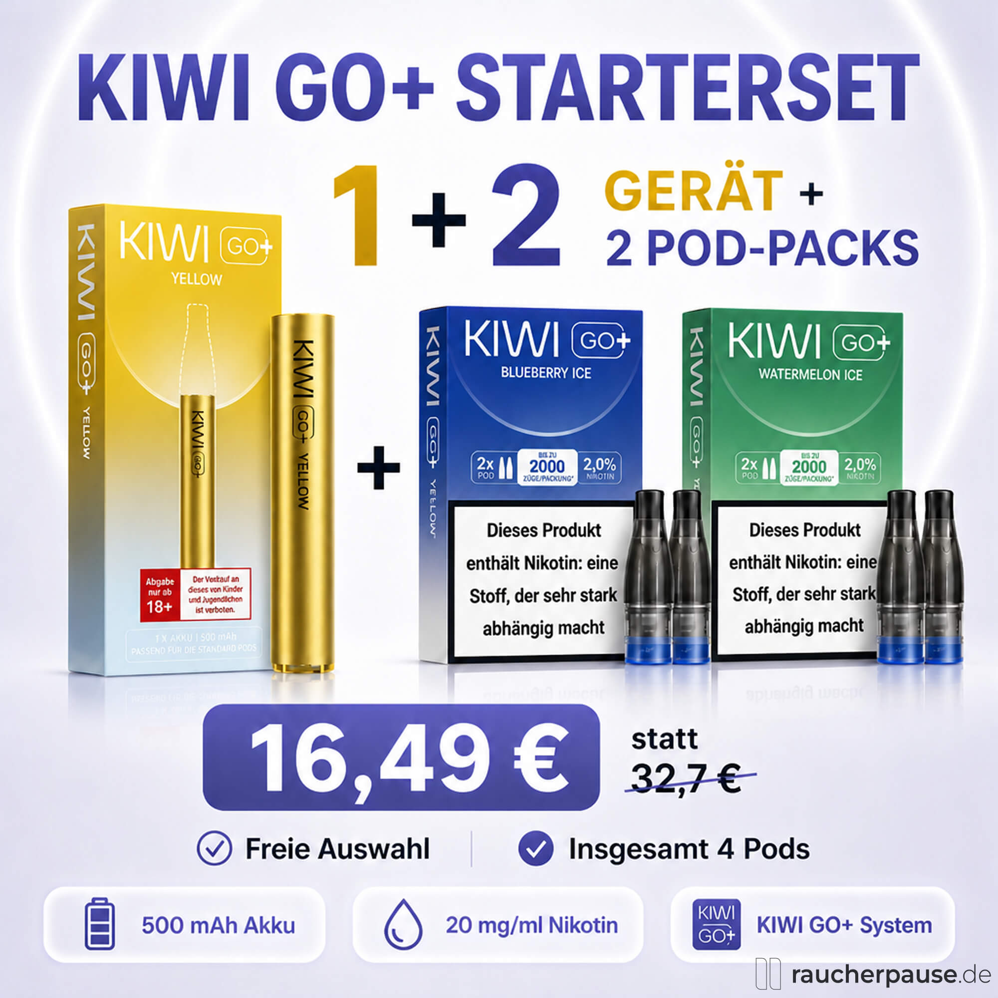 Kiwi Go+ Starterdeal, Gerät und 2 Pod Packungen zum Deal Preis
