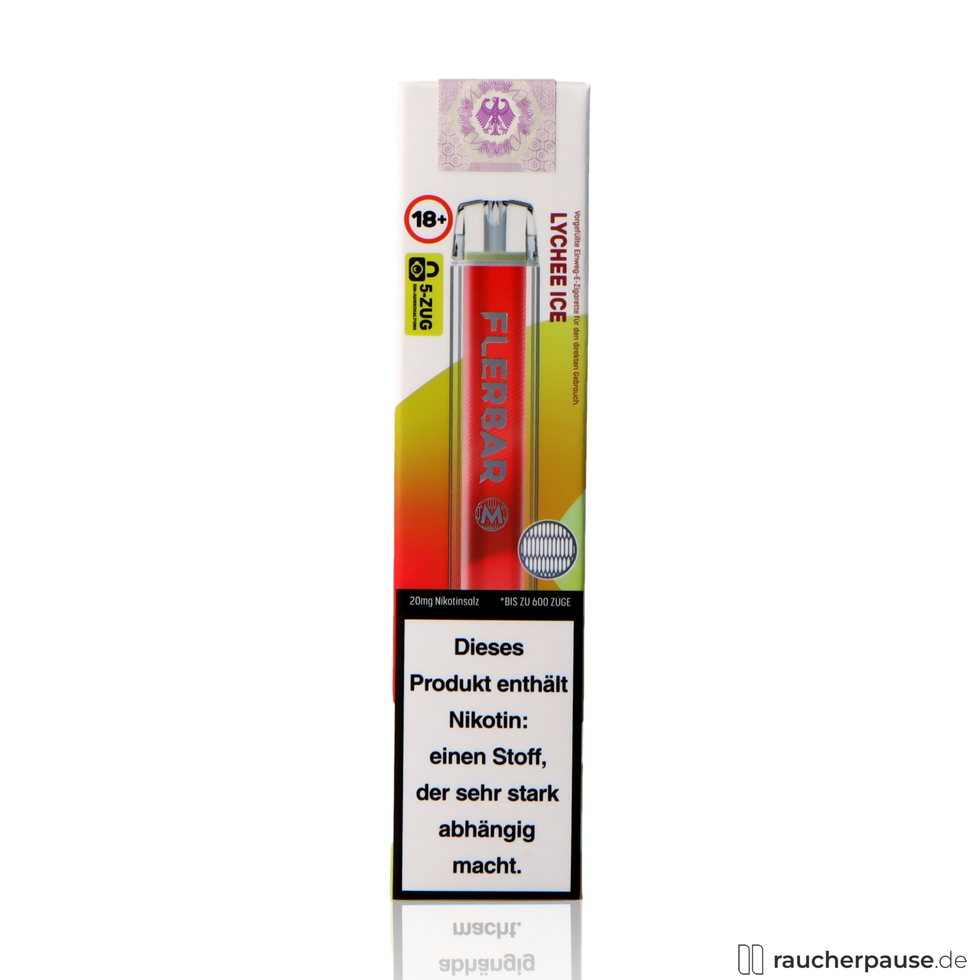 Flerbar Einweg Vape | Lychee Ice | 600 Züge | 20 mg/ml Nikotin | Litschi & Ice flerbar, flerbar einweg vape lychee ice zuege ml nikotin litschi ice , packshot seitlich