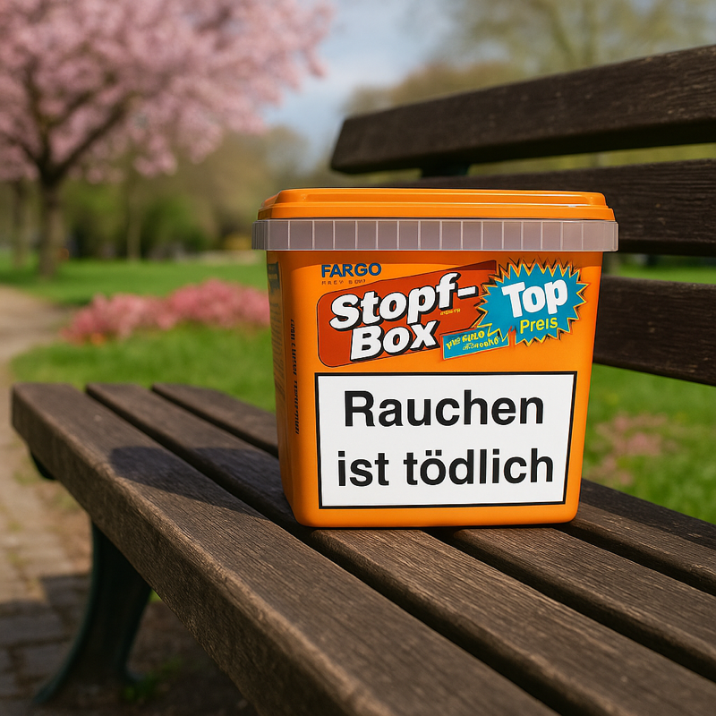 Fargo Tabak Stopfbox auf einer Parkbank
