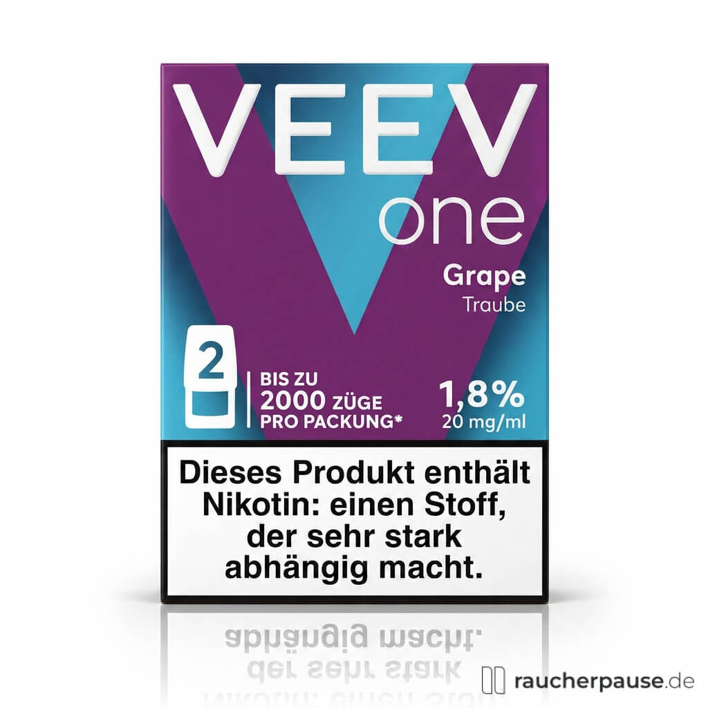 VEEV One Pod Grape, 20 mg/ml Nikotin, Limitierte Edition in blauer und lila Box mit stilisiertem V-Logo und Trauben-Motiv.