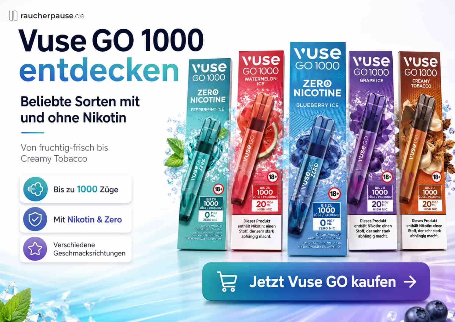 Vuse GO 1000 kaufen – Sorten mit und ohne Nikotin entdecken
