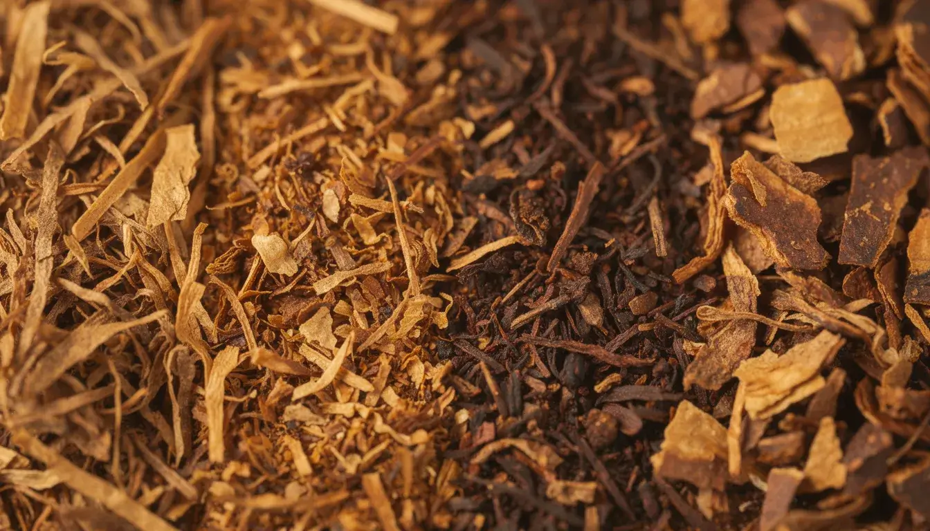 Die Nahaufnahme zeigt verschiedene Tabaksorten in warmen Brauntönen, die eine Vielzahl von Aromen und Geschmäckern repräsentieren.