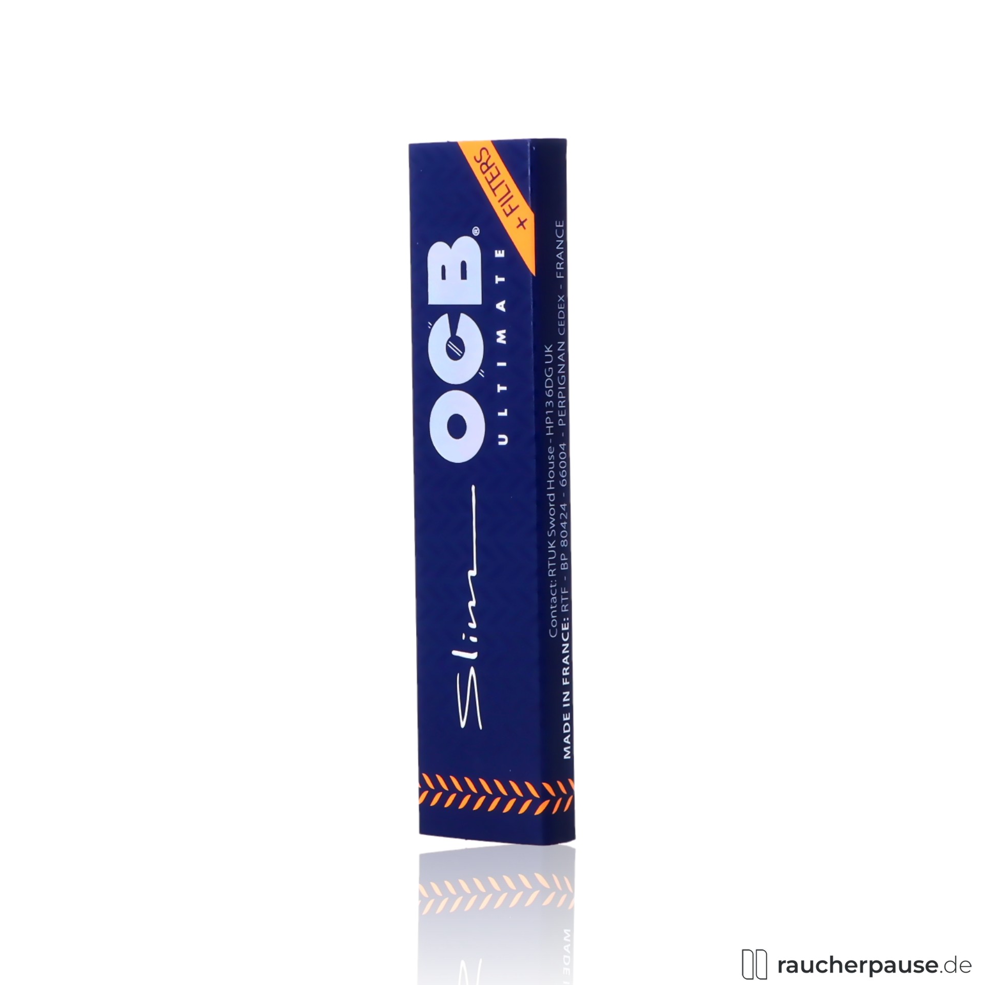 OCB Ultimate Slim Zigarettenpapier in dunkelblauer, hochformatiger Box mit orangefarbenem Rand und weißem Logo auf der Vorderseite.