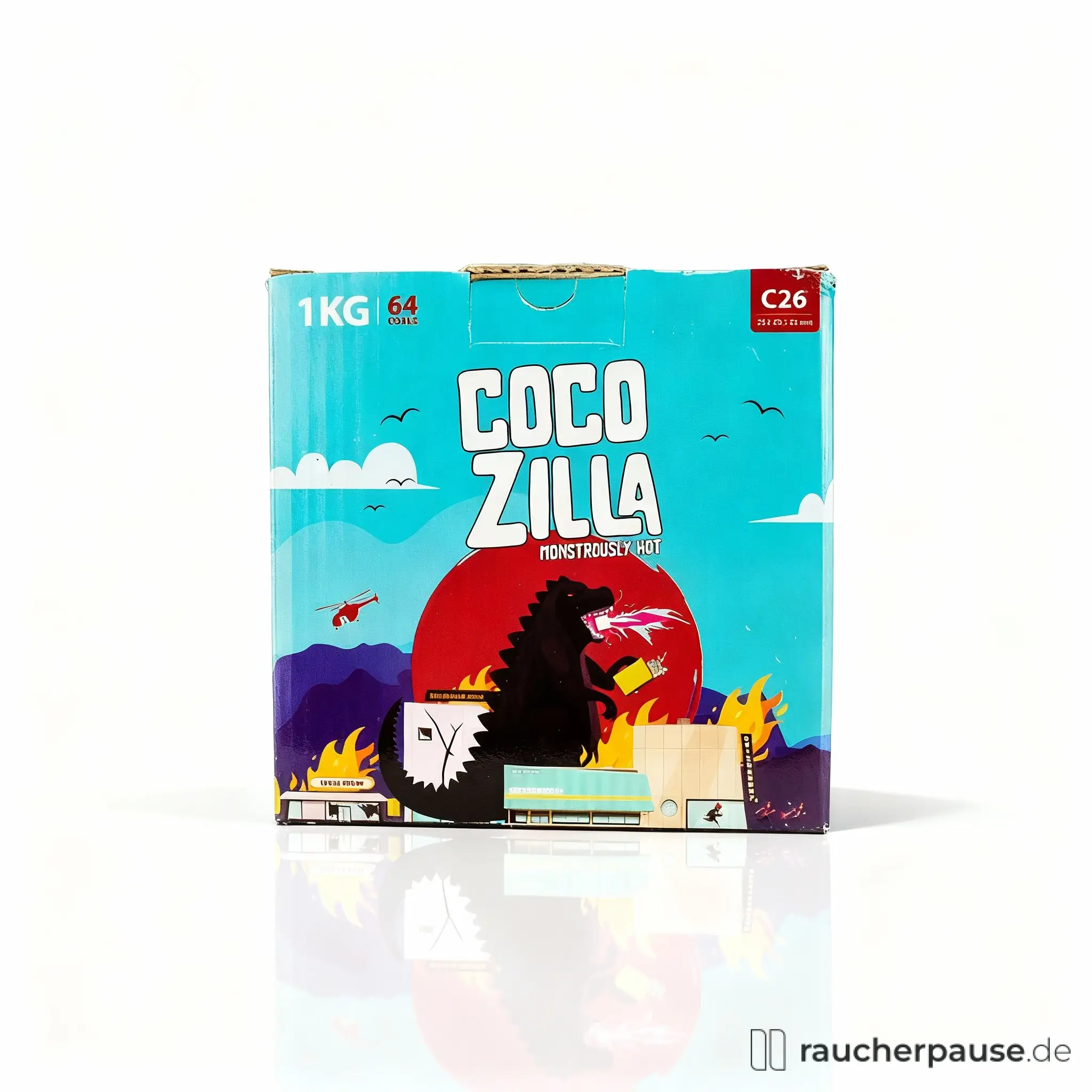 COCOZILLA C26 Shishakohle 1kg in quadratischer Box mit stilisierter Monster-Illustration und weißen Schriftzügen auf rotem Hintergrund.