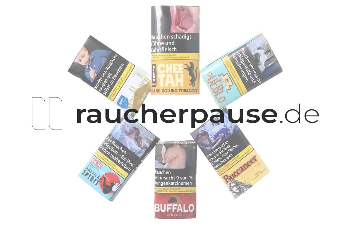 Raucherpause.de Logo mit verschiedenen Tabakmarken im Kreis angeordnet