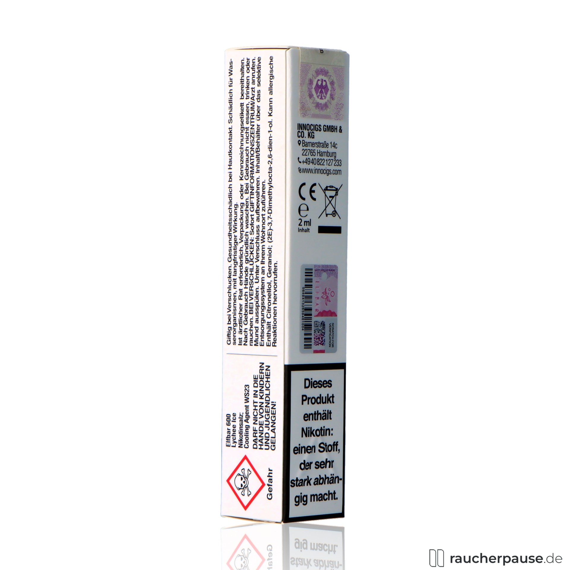 elfbar, elfbar e shisha grape ml nikotin einweg e zigarette lychee ice, packshot hinterseite
