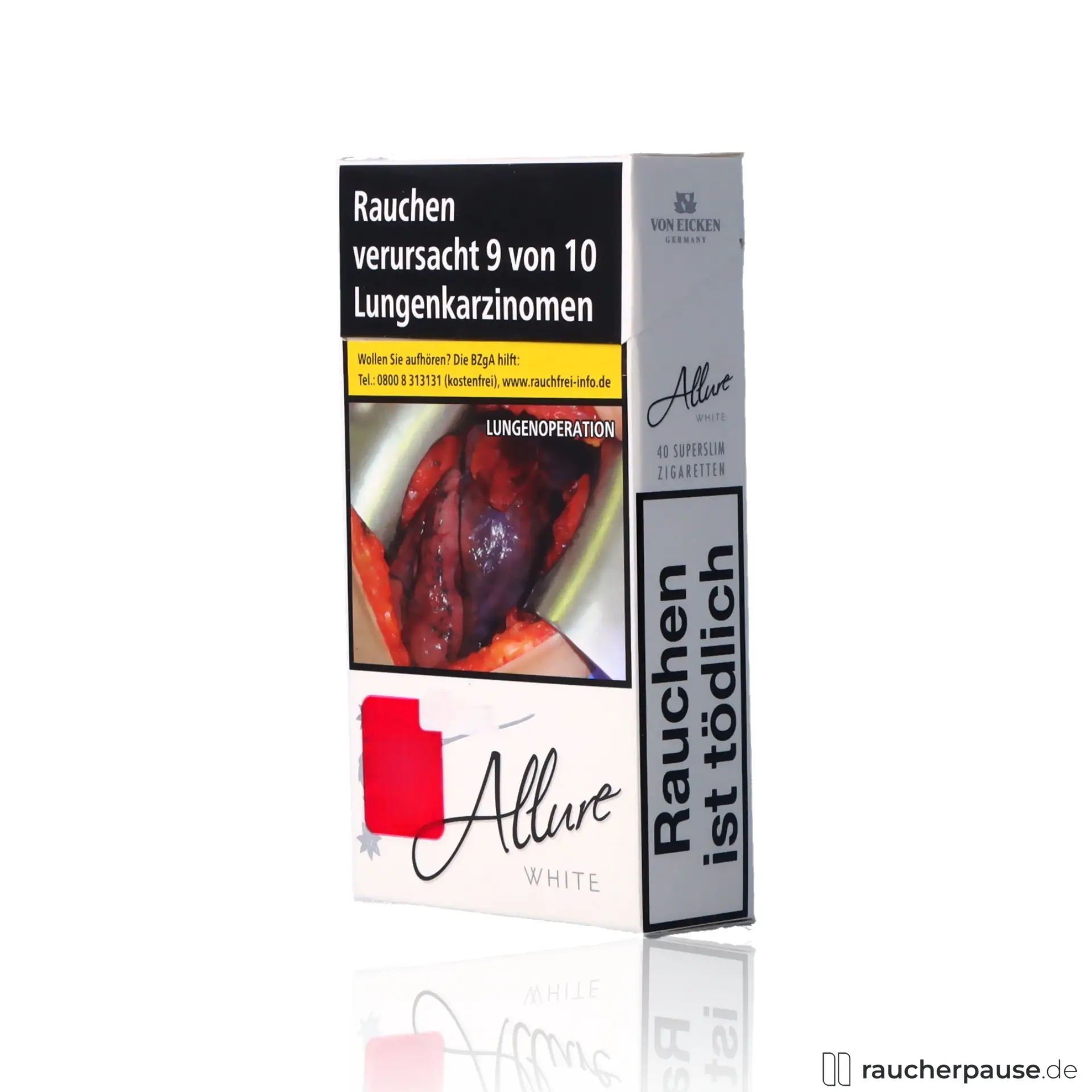 Allure Superslims White Zigaretten, 40 Stk. pro Packung, in quadratischer Dose mit grauem Hintergrund und roten, schwarzen Texten sowie elegantem Logo auf rotem Hintergrund.