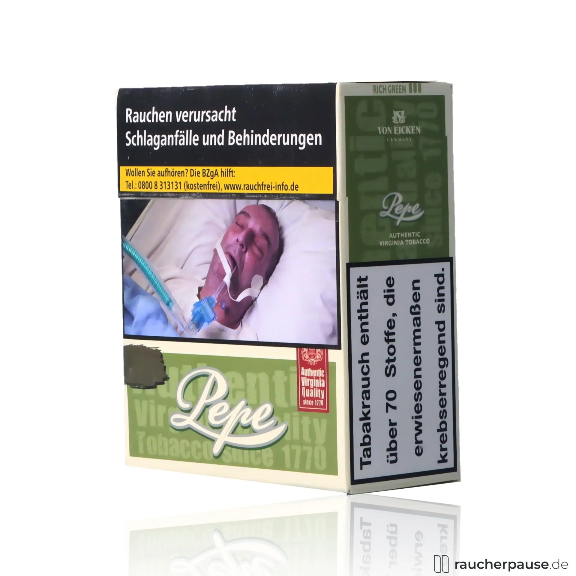 Quadratische Dose mit grünem Hintergrund und rotem Pepe-Logo: Pepe Rich Green Super Zigaretten, 40 Stk. pro Packung.