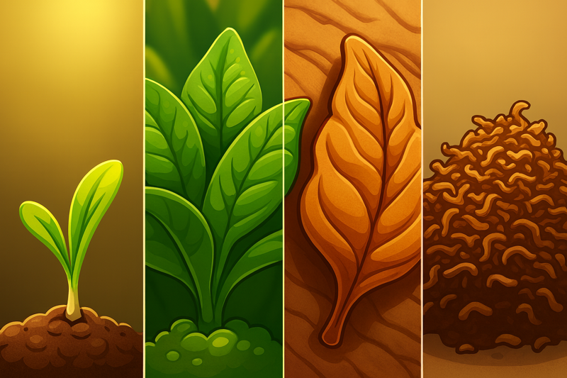 Karikatur von wachsendem Tabak bis getrocknetem Zustand